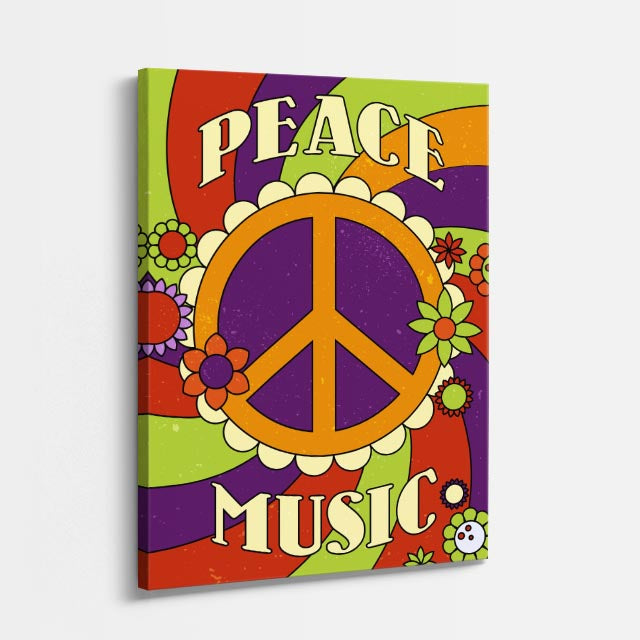 cuadro canvas 70s psicodelia peace music símbolo flores vertical