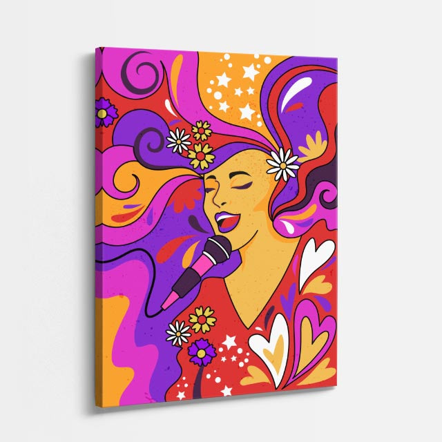 cuadro canvas 70s psicodelia cantante psicodélica rosa flores vertical