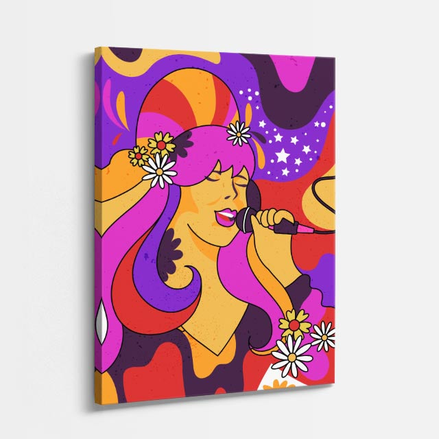 cuadro canvas 70s psicodelia cantante psicodélica morada micrófono vertical