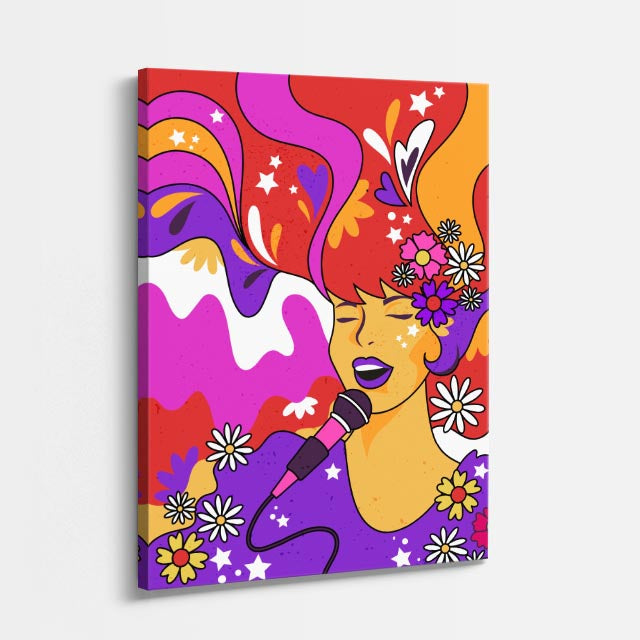 cuadro canvas 70s psicodelia cantante naranja psicodélica vertical
