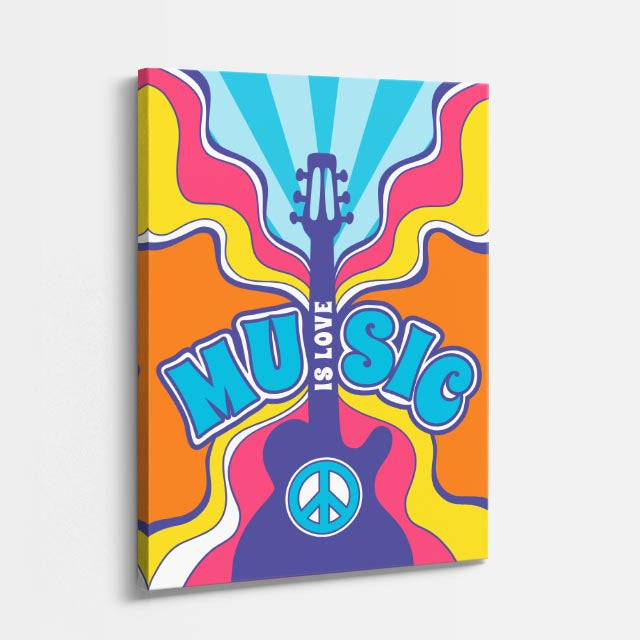 cuadro canvas 70s psicodelia music is love guitarra amarilla vertical