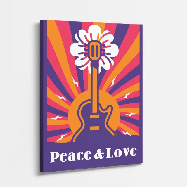 cuadro canvas 70s psicodelia peace love guitarra girasol vertical