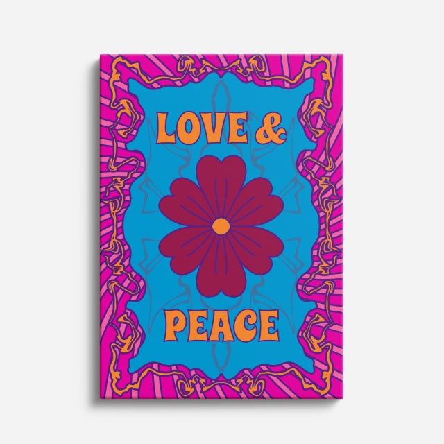 cuadro canvas 70s psicodelia love peace flor azul naranja vertical