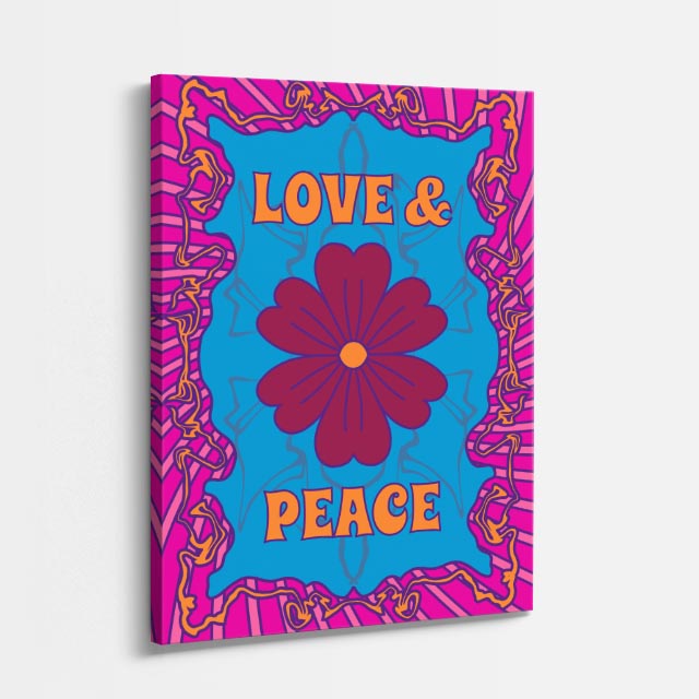 cuadro canvas 70s psicodelia love peace flor azul naranja vertical
