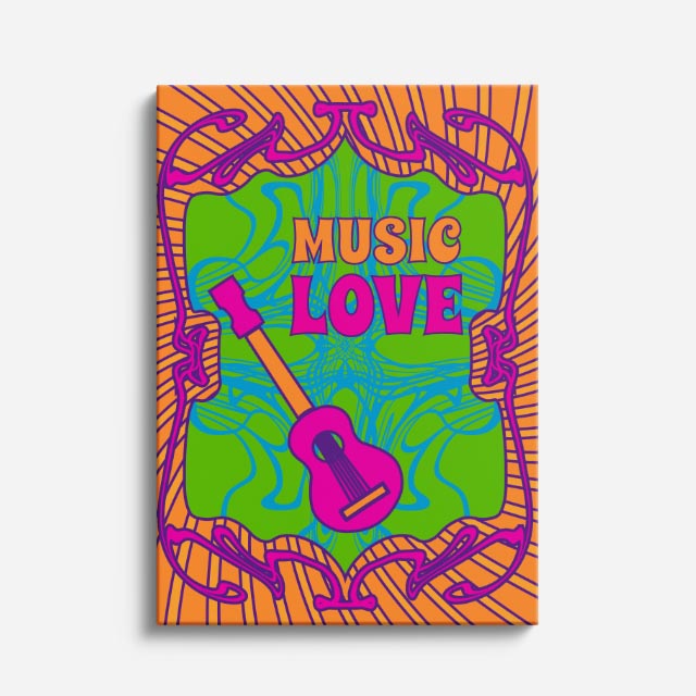 cuadro canvas 70s psicodelia music love guitarra verde naranja vertical