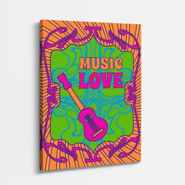 cuadro canvas 70s psicodelia music love guitarra verde naranja vertical