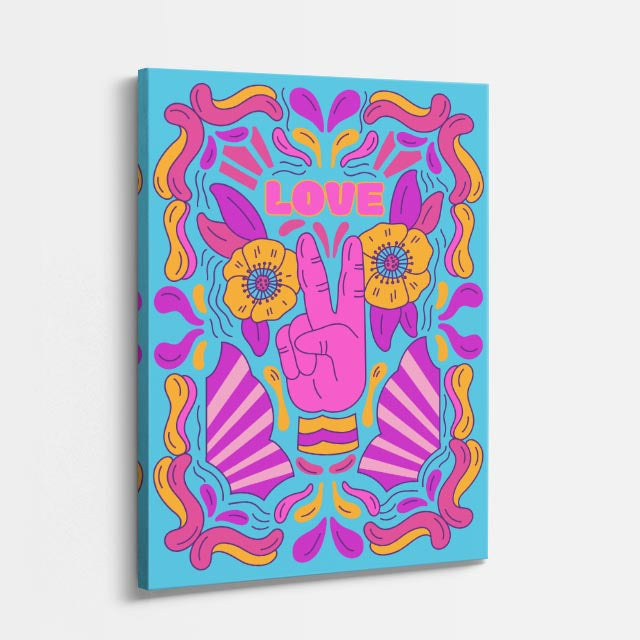 cuadro canvas 70s psicodelia love flores mano de paz vertical