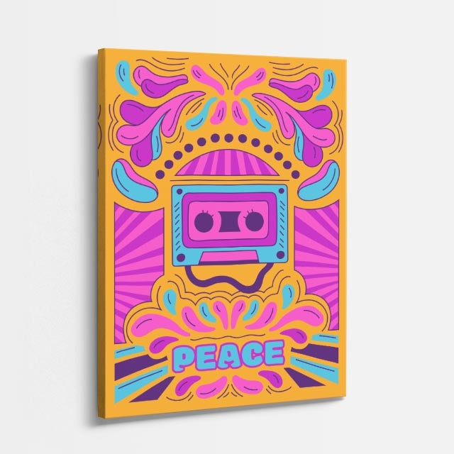 cuadro canvas 70s psicodelia peace cassette retro rosa vertical