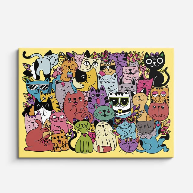 Cuadro canvas Gatos Locos en Caos - Doodles Pop Art Color - Vista Frente
