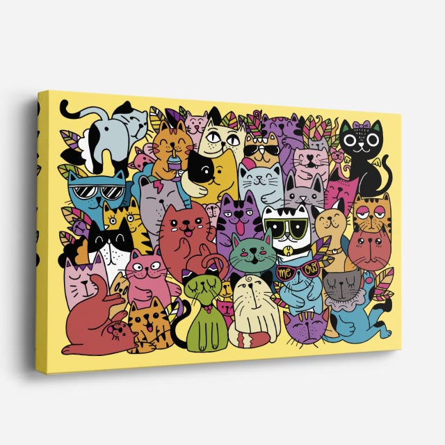 Cuadro canvas Gatos Locos en Caos - Doodles Pop Art Color - Vista Perspectiva