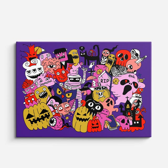 Cuadro canvas Fiesta de Halloween - Doodles Pop Art Color - Vista Frente