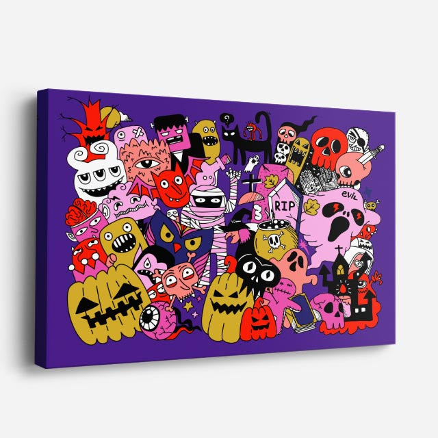 Cuadro canvas Fiesta de Halloween - Doodles Pop Art Color - Vista Perspectiva
