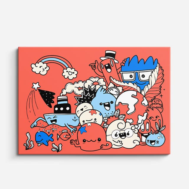 Cuadro canvas Criaturas del Arcoiris - Doodles Pop Art Color - Vista Frente