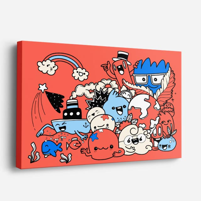 Cuadro canvas Criaturas del Arcoiris - Doodles Pop Art Color - Vista Perspectiva