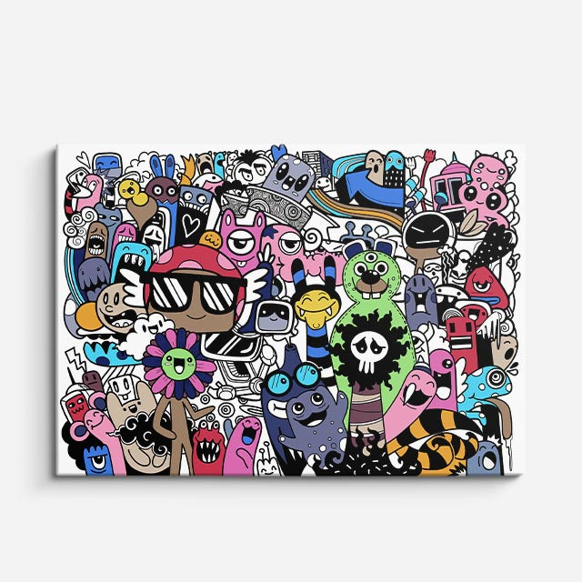 Cuadro canvas Crew de Personajes Locos - Doodles Pop Art Color - Vista Frente