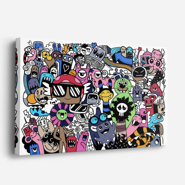 Cuadro canvas Crew de Personajes Locos - Doodles Pop Art Color - Vista Perspectiva