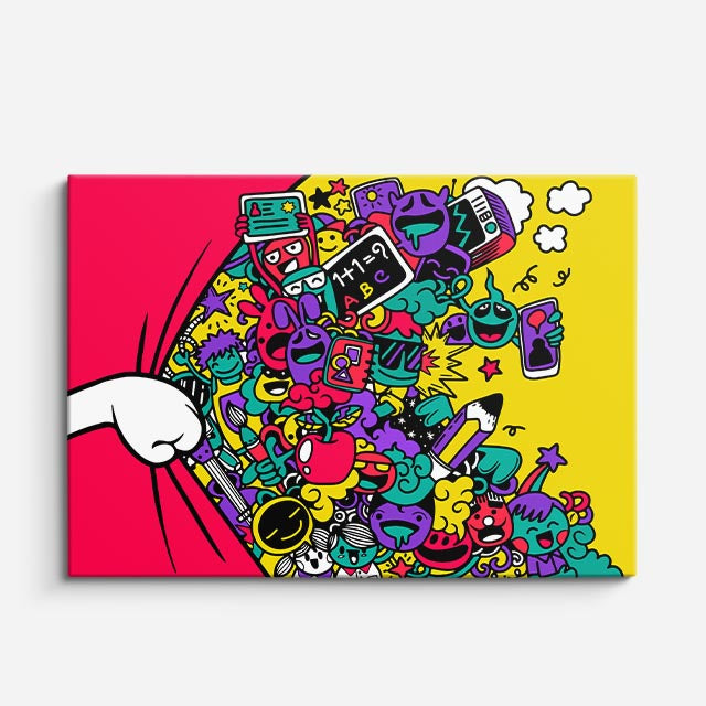 Cuadro canvas Explosion Amarilla Pop - Doodles Pop Art Color - Vista Frente