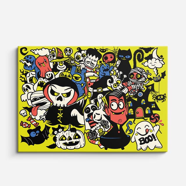 Cuadro canvas Calavera y sus Secuaces - Doodles Pop Art Color - Vista Frente