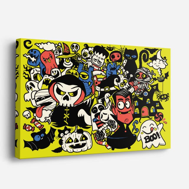 Cuadro canvas Calavera y sus Secuaces - Doodles Pop Art Color - Vista Perspectiva