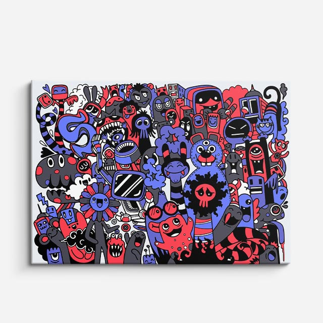 Cuadro canvas Pandilla Roja y Azul - Doodles Pop Art Color - Vista Frente