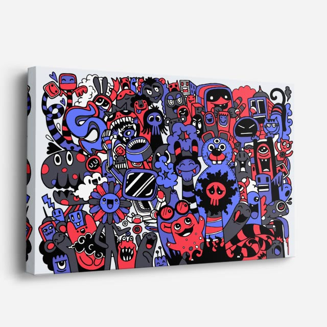 Cuadro canvas Pandilla Roja y Azul - Doodles Pop Art Color - Vista Perspectiva