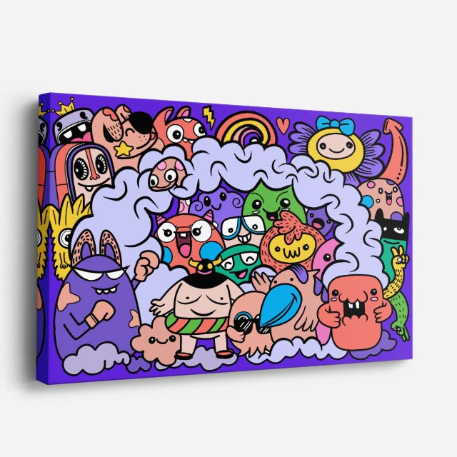 Cuadro canvas Nube de Criaturas Dulces - Doodles Pop Art Color - Vista Perspectiva