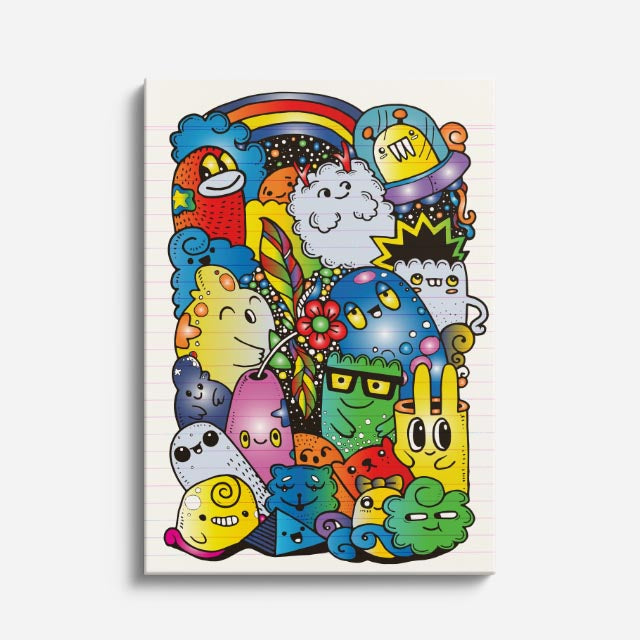 Cuadro canvas Galaxia de Criaturas - Doodles Pop Art Color - Vista Frente