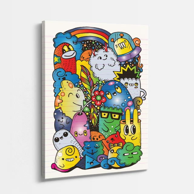 Cuadro canvas Galaxia de Criaturas - Doodles Pop Art Color - Vista Perspectiva