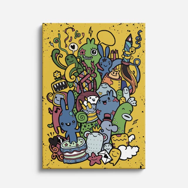 Cuadro canvas Caos Dorado de Bestias - Doodles Pop Art Color - Vista Frente