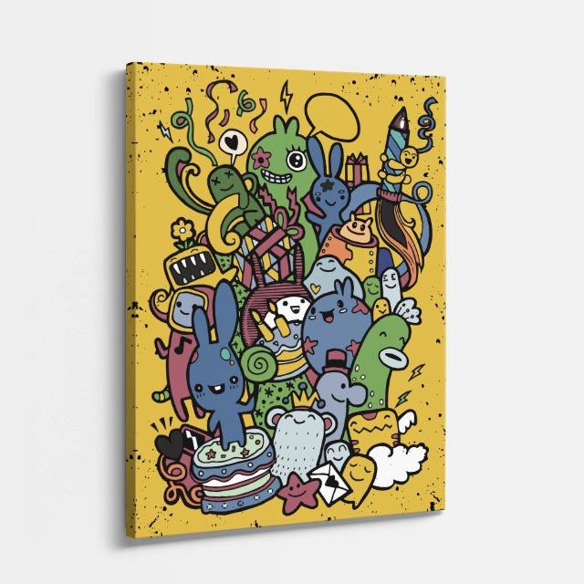 Cuadro canvas Caos Dorado de Bestias - Doodles Pop Art Color - Vista Perspectiva