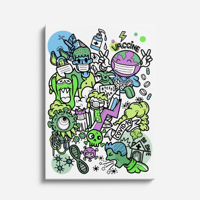 Cuadro canvas Pandemia Verde Caotica - Doodles Pop Art Color - Vista Frente