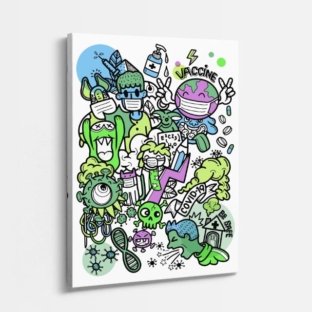 Cuadro canvas Pandemia Verde Caotica - Doodles Pop Art Color - Vista Perspectiva