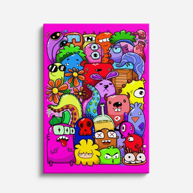 Cuadro canvas Jardin Fucsia de Monstruos - Doodles Pop Art Color - Vista Frente