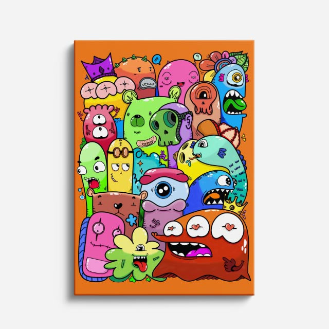 Cuadro canvas Horda de Bichos Naranja - Doodles Pop Art Color - Vista Frente