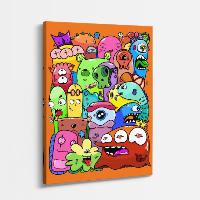Cuadro canvas Horda de Bichos Naranja - Doodles Pop Art Color - Vista Perspectiva