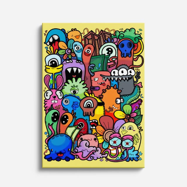 Cuadro canvas Invasion de Monstruos Vivaces - Doodles Pop Art Color - Vista Frente