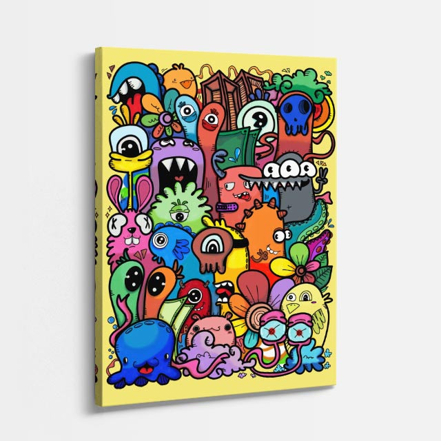 Cuadro canvas Invasion de Monstruos Vivaces - Doodles Pop Art Color - Vista Perspectiva
