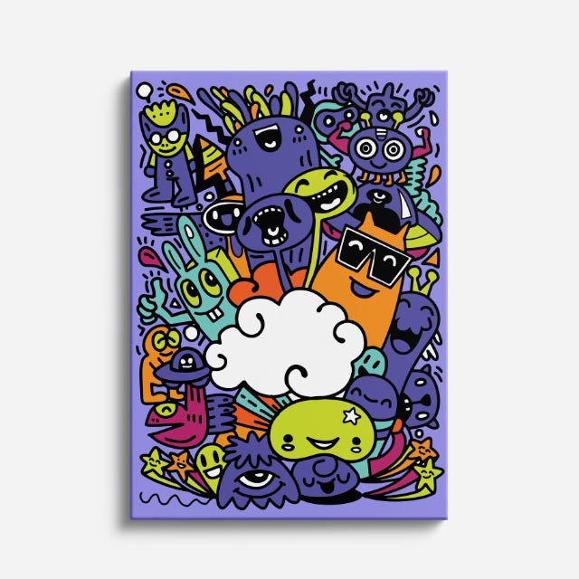 Cuadro canvas Universo Lila de Criaturas - Doodles Pop Art Color - Vista Frente
