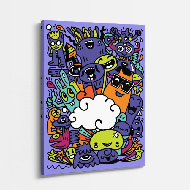 Cuadro canvas Universo Lila de Criaturas - Doodles Pop Art Color - Vista Perspectiva