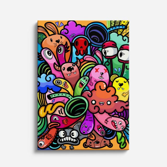 Cuadro canvas Naranja Dulce y Criaturas - Doodles Pop Art Color - Vista Frente