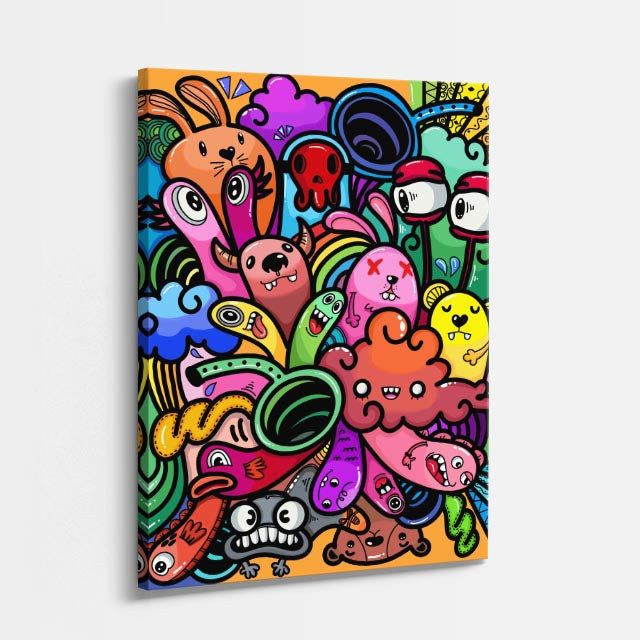 Cuadro canvas Naranja Dulce y Criaturas - Doodles Pop Art Color - Vista Perspectiva