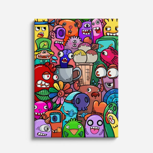 Cuadro canvas Cafe con Criaturas Bizarras - Doodles Pop Art Color - Vista Frente