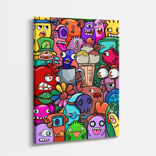 Cuadro canvas Cafe con Criaturas Bizarras - Doodles Pop Art Color - Vista Perspectiva