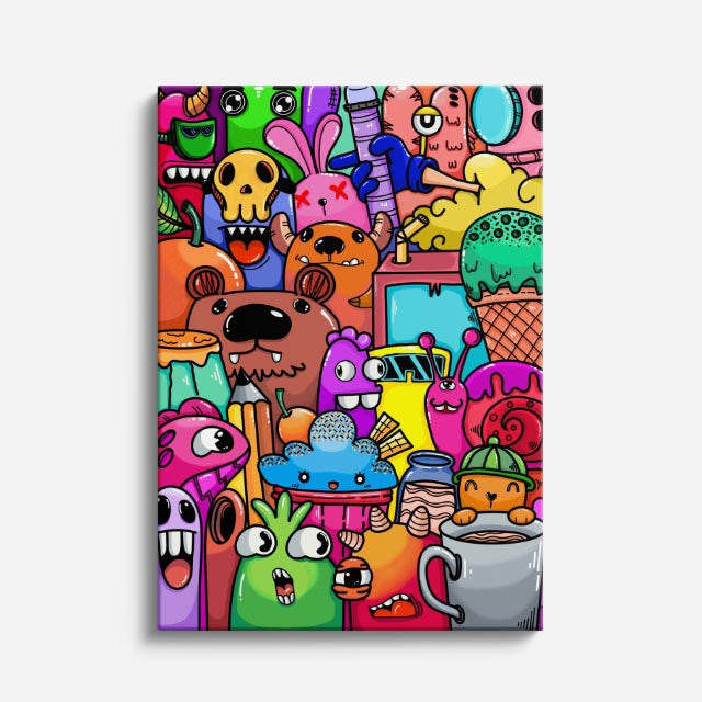 Cuadro canvas Reunion de Bichos Calidos - Doodles Pop Art Color - Vista Frente