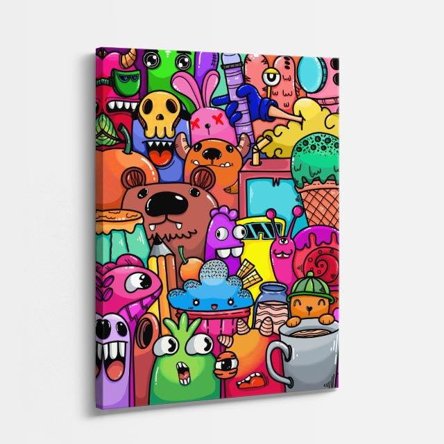 Cuadro canvas Reunion de Bichos Calidos - Doodles Pop Art Color - Vista Perspectiva