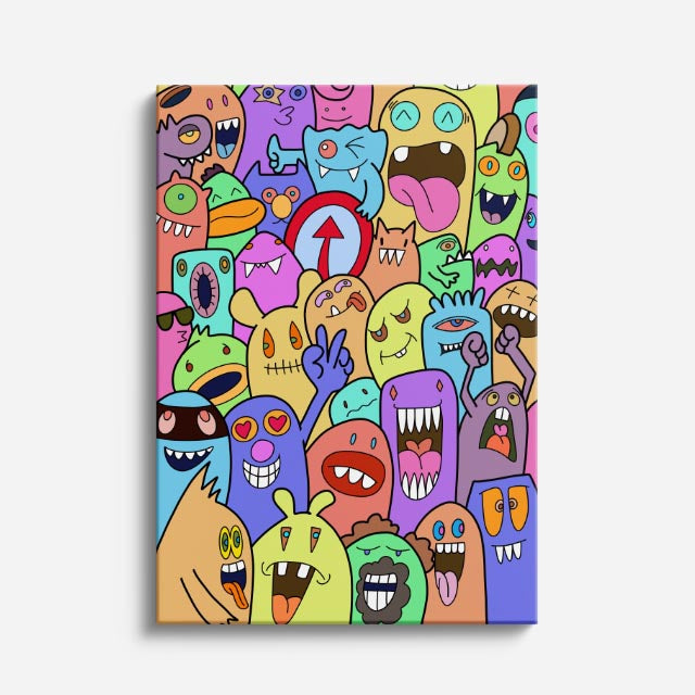Cuadro canvas Marea de Criaturas Pastel - Doodles Pop Art Color - Vista Frente