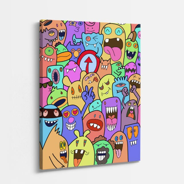 Cuadro canvas Marea de Criaturas Pastel - Doodles Pop Art Color - Vista Perspectiva