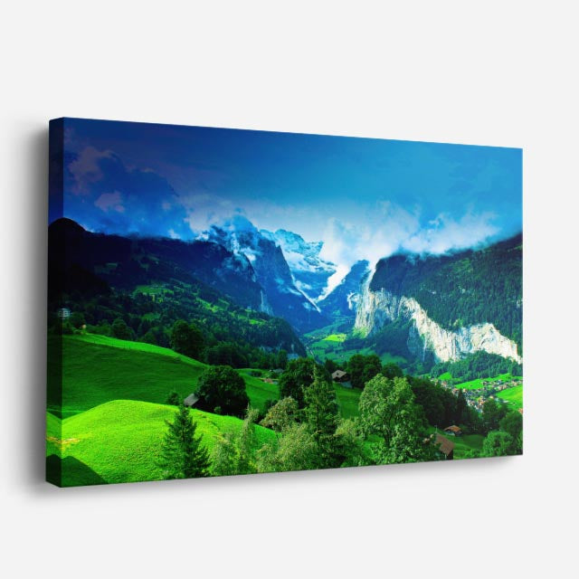 cuadro canvas bosques y naturaleza montañas nevadas prado verde horizontal