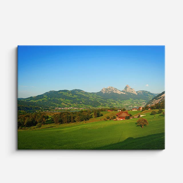 cuadro canvas bosques y naturaleza volcán lejano campo verde horizontal