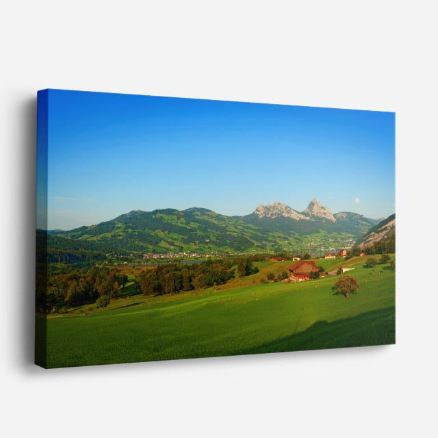 cuadro canvas bosques y naturaleza volcán lejano campo verde horizontal